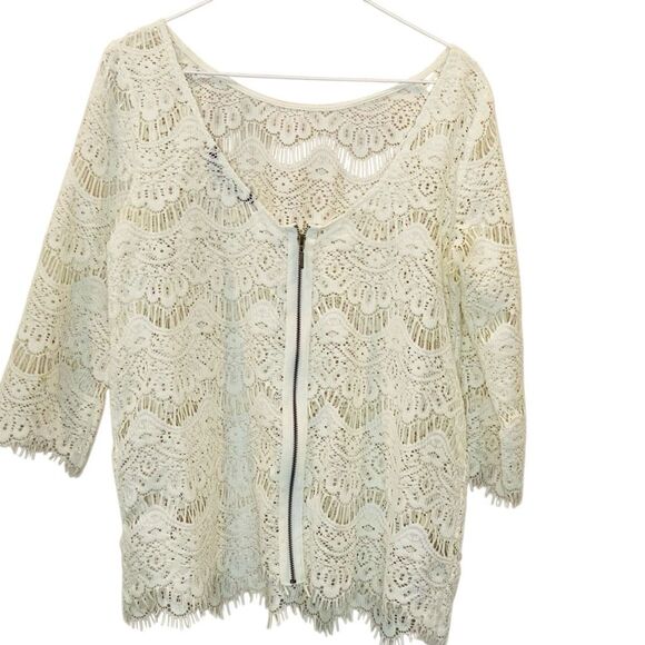 Zara TRF Collection Sheer Lace Back Zip Quarter Sleeve Blouse Ivory Large - Picture 2 of 6